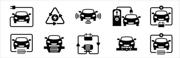 Elektroauto Ikone Gesetzt Elektroauto Mit Ladekabel Autopilot Und Elektromotor Symbol — Stockvektor