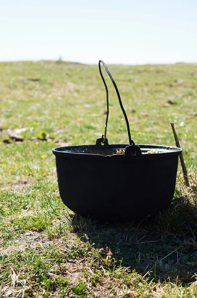 Černý kovový hrnec na trávníku — Stock fotografie