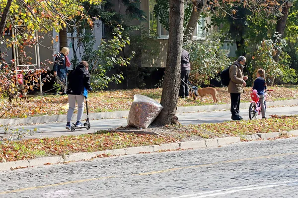 Cenário Outono Com Pessoas Crianças Cães Brincando Uma Rua Sofia — Fotografia de Stock