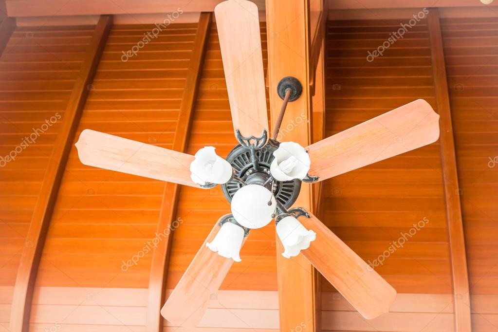 Close Up Beautiful Hanging Ceiling Fan With Glass Lamps Stock