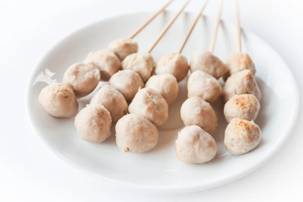 Mini pork balls in white plate on clean table — Stock Photo, Image