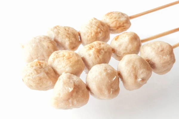 Mini pork balls in wood stick on clean table — Stock Photo, Image