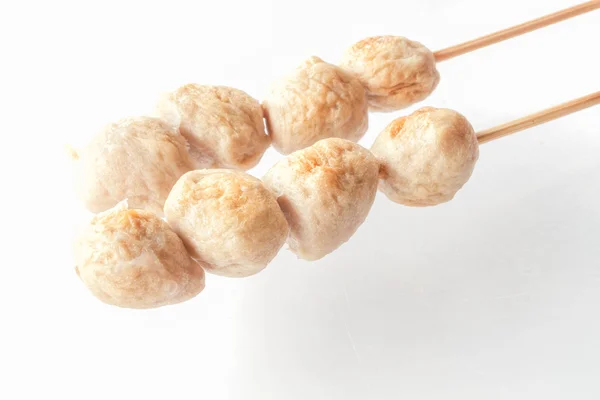 Mini pork balls in wood stick on clean table — Stock Photo, Image