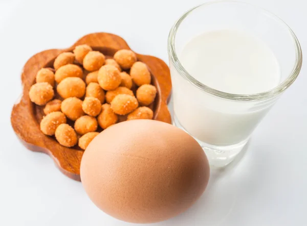 Protein meal with peanut ,milk and egg — Stock Photo, Image