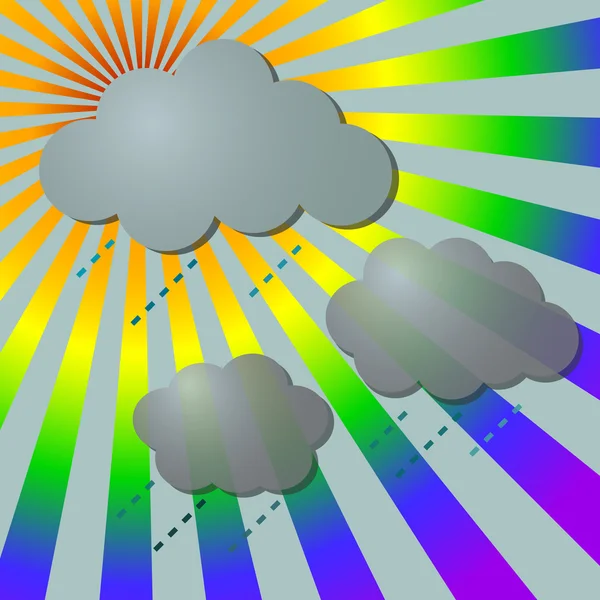 Pluvieux dans les rayons arc-en-ciel avec des nuages — Image vectorielle