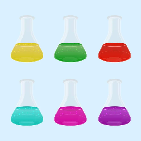 Jeu de liquides multicolores dans des flacons de laboratoire — Image vectorielle