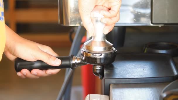 Barista tamping the grind coffee — Stock Video