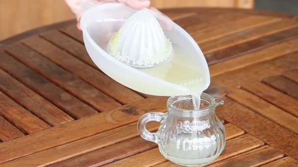 Versare il succo di lime fresco nel barattolo di vetro — Video Stock
