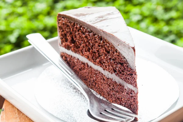 Στρώματα κέικ διπλή σοκολάτα κρέμα στο άσπρο πιάτο — Φωτογραφία Αρχείου