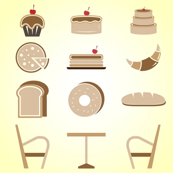 Variety of bakery color icons in coffee shop — Stock Vector