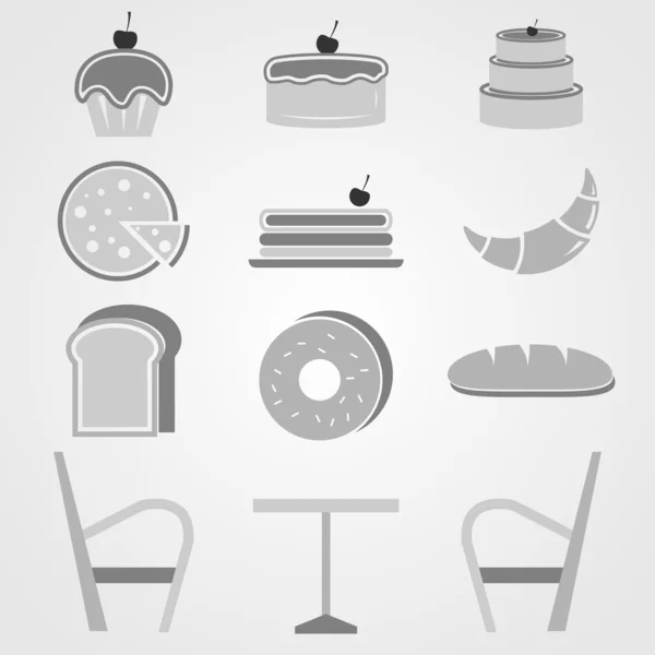 Variedade de ícones de padaria no café — Vetor de Stock