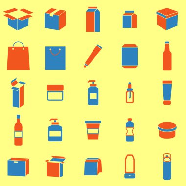 sarı arka plan üzerinde renkli simgeler ambalaj