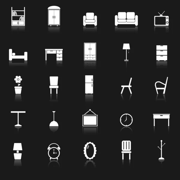 Iconos de muebles con reflejo sobre fondo negro — Vector de stock