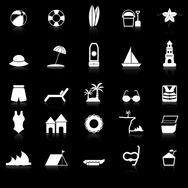 Beach icons with reflect on black background — Stock Vector