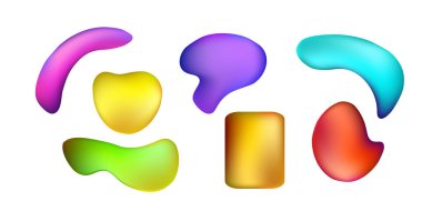  Parlak sıvı plastik. Sıvı 3D şekiller ve renkli grafikler. Yanardöner fütüristik sıvı elementleri ayarlayın. Sıvı biçiminde modern grafik gradyan amip. Soyut parlak sıçrama sıvısı. Vektör