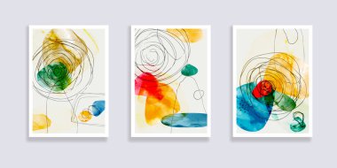 Modaya uygun bir suluboya seti. Minimalist, soyut el boyası çizimleri. Soyut kompozisyonlar çeşitli şekiller çizer. Duvar dekorasyonu, kartpostal ya da broşür kapağı tasarımı için harika. Vektör