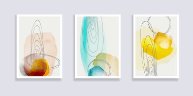 Modaya uygun bir suluboya seti. Minimalist, soyut el boyası çizimleri. Soyut kompozisyonlar çeşitli şekiller çizer. Duvar dekorasyonu, kartpostal ya da broşür kapağı tasarımı için harika. Vektör