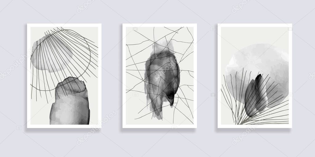 Trendy set of black and white minimalistic abstract hand drawn illustrations. Abstract compositions doodles various shapes. Great for design wall decoration, postcard or brochure cover design. Vector