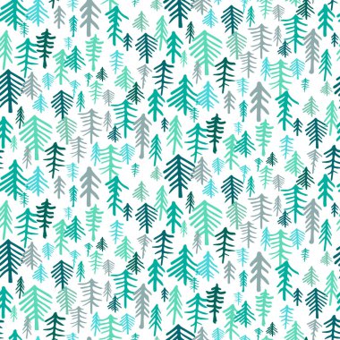  Basit minimalist noel ağaçları süslenmiş kusursuz bir desen. Mürekkeple çizilmiş el çizimi çizimi. Ambalaj kâğıdı ve arkaplan için köknar. Sonsuz düz vektör illüstrasyonu