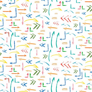  El çizimi elementlerin kusursuz arkaplanı. Beyaz arka planda izole edilmiş farklı renkli okları olan koleksiyon. Sıkıntılı tüy kalem. Modern desenli kalem darbesi. Vektör illüstrasyonu