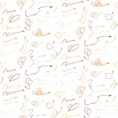  El çizimi elementlerin kusursuz arkaplanı. Beyaz arka planda izole edilmiş farklı renkli okları olan koleksiyon. Sıkıntılı tüy kalem. Modern desenli kalem darbesi. Vektör illüstrasyonu