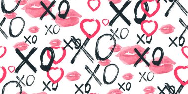 Grunge vector seamless pattern with XOXO hand written phrase, hearts isolated on white. Hugs and kisses sign. Modern ink calligraphy. Illustration design for Valentines Day, wedding invitation card clipart