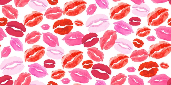 口红吻无缝图案 彩色唇印在白色上 性感的湿唇化妆品 完美的情人节 纺织品 网页背景 包装材料 病媒感染的情况 — 图库矢量图片