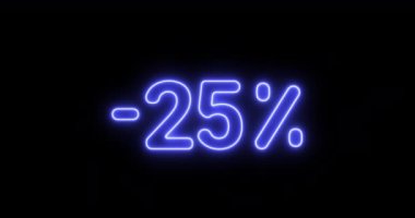 Parlayan neon renkli çizgi% 25 indirimli etiket simgesi siyaha izole edildi. Animasyon İndirim kuponu sembolü ya da özel teklif. Renkli neon ışığı yanıp sönen bir etiket. 4k hareket grafiği