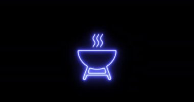 Siyah arkaplanda parlayan renkli ızgara ikonu izole edildi. Barbekü ızgara sembolü. Animasyon barbekü ızgarası yanıp sönen gökkuşağı neon çizgileri ışığı. 4k Video hareketi grafiği