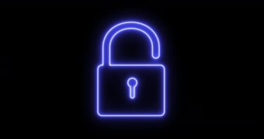 Parlak renkli çizgi açık asma kilit simgesi siyah arkaplanda izole edildi. Güvenlik, güvenlik, koruma. Animasyon açık asma kilit yanıp sönen gökkuşağı ışıkları. 4k Video hareketi grafiği