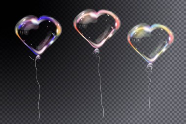 Kurdeleli kalp şeklinde gerçekçi hava helyum balonu seti. Havada izole edilmiş renkli balon koleksiyonu. Sevgililer Günü için parti süslemeleri, doğum günü, yıldönümü. 3d vektörü