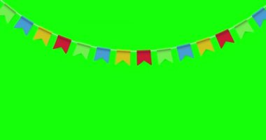 Yeşil ekran arka planında izole edilmiş çelenk çelenkleri asılı. Doğum günü kutlaması için arka planında flama olan bir karnaval çelengi, festival. 4K grafik hareketi