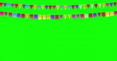 Yeşil ekran arka planında izole edilmiş çelenk çelenkleri asılı. Doğum günü kutlaması için arka planında flama olan bir karnaval çelengi, festival. 4K grafik hareketi