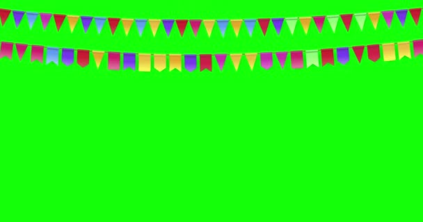 Animace závěsné vlajky věnce izolované na zeleném pozadí obrazovky. Karneval věnce s prapory na chroma klíčovém pozadí pro oslavu narozenin, festival. Grafický pohyb 4K