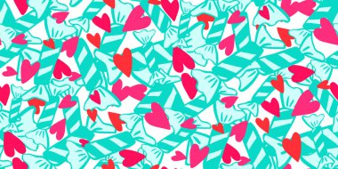 Kağıt ambalajda karamel şekerler, beyaz, pürüzsüz desenli pembe kalpler. Sevgililer günü, tekstil, ambalaj kağıdı, düğün davetiyesi, duvar tasarımı için karikatür stilinde minimalist illüstrasyon