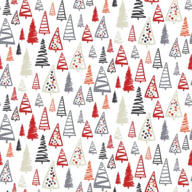Beyaz, pürüzsüz desenli basit minimalist noel ağaçları. Tekstil, ambalaj kağıdı, yeni yıl ve Noel kartları, duvar tasarımı için renkli köknar çizimi. Sonsuz düz vektör illüstrasyonu