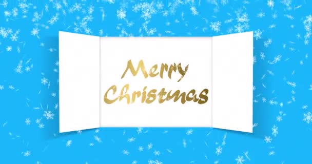 クリスマスのアドベンチャーカレンダーのドアを開く クリスマスの日には 青い背景に雪が降る 広い扉を開きます アニメーションのお祝いクリスマスイラスト 4Kビデオグラフィックアニメーション — ストック動画