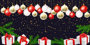 Noel takvimi. Kırmızı, altın noel baloları, Aralık ayı numarası, sürpriz kutu, noel ağacı, konfeti yıldızları. Noel posterleri, başlıklar, mevsimlik duvar kağıtları için harika. Vektör