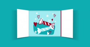 Mavi arka planda Noel takvimi kapısı açılıyor. Noel günü açık kapılar ve tatil çizimleri. Animasyon şenlik Noel çizimi. 4K video grafiği