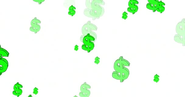 Признаки Зеленых Долларов Падают Белый Экран Анимация Бесшовная Петля Рисуется — стоковое видео