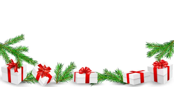 Noel Arkaplanı Köknar Dalları Beyaz Üzerine Gerçekçi Hediye Kutularıyla Dolu — Stok Vektör