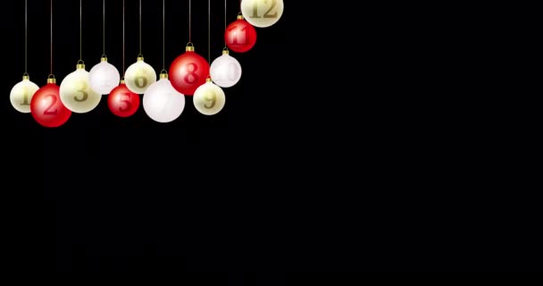 Noel Takvimi Kırmızı Beyaz Altın Camlı Noel Topları Siyah Arka — Stok video