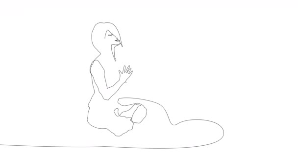Folyamatos Önrajz meditációs nő. Egyszerű animáció egy fekete vonal rajz lány jóga gyakorlat lótuszpozícióval fehér. 4K videó grafika a minimalizmusért sport téma tervezés