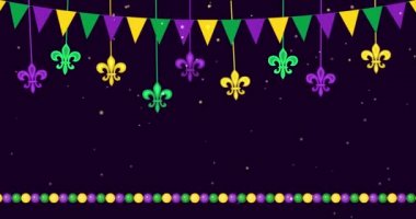 Animasyon sarı, yeşil, mor zambak zambakları sembolü, bayrak çelenkleri, düşen konfetiler, koyu arkaplanda boncuklar. Venedik karnavalı Mardi Gras kusursuz döngülü şablon. 4k grafik hareketi