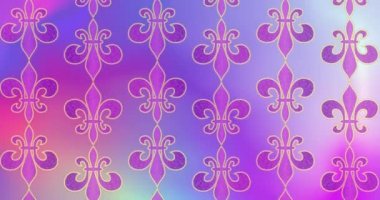 Mardi Gras Şişman Salı. Güzel neon ekranda mor zambak sembollü animasyon arkaplanı. Venedik karnavalı Mardi Gras selamlaması. 4k video grafik hareketi