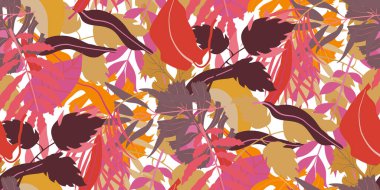 Tropik palmiye yaprakları ve orman yapraklarıyla kusursuz desen. Avuç içi ve canavar dolu orman. Tekstil, duvar kağıdı, web sitesi, ambalaj kağıdı, Hawaii tarzı gömlek için botanik tasarımı. Vektör