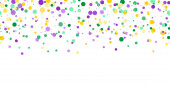 Varrat nélküli vízszintes minta gyönyörű geometrikus sárga, zöld, lila konfetti fehér alapon. Velencei karnevál Mardi Gras party. Nagy vízszintes plakátok, fejléc honlap. Vektor