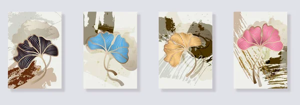 Ensemble Tendance Feuilles Ginkgo Biloba Formes Abstraites Art Mural Botanique — Image vectorielle