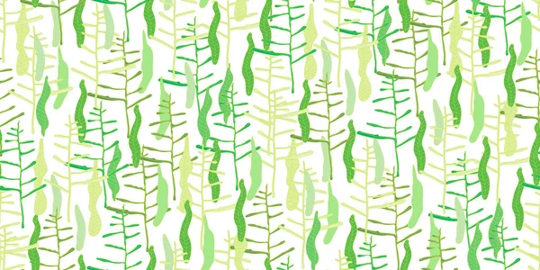 緑のシームレスなパターンは 白に様々な木を残します 天然枝の葉 緑の新鮮な美しさ素朴なエコ背景 ウェブサイト 包装紙の植物デザイン ベクトル — ストックベクタ