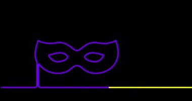 Mardi Gras Şişman Salı. Çizginin animasyon çizimi güzel sarı mor karnaval maskesi sembolü siyah arkaplanda. Venedik karnavalı Mardi Gras kusursuz döngülü şablon. 4k grafik hareketi
